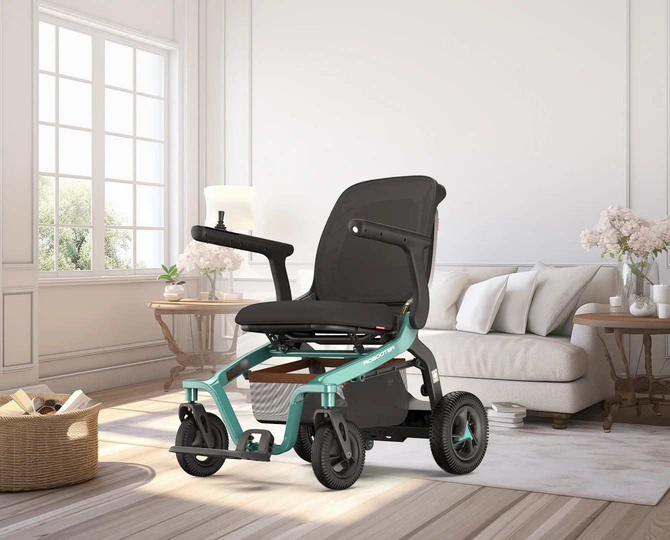 Front view image of the Quickie Q50 R Carbon Folding Power Wheelchair - Lightweight, compact, and maneuverable electric wheelchair with a carbon fiber frame for easy travel and everyday use.