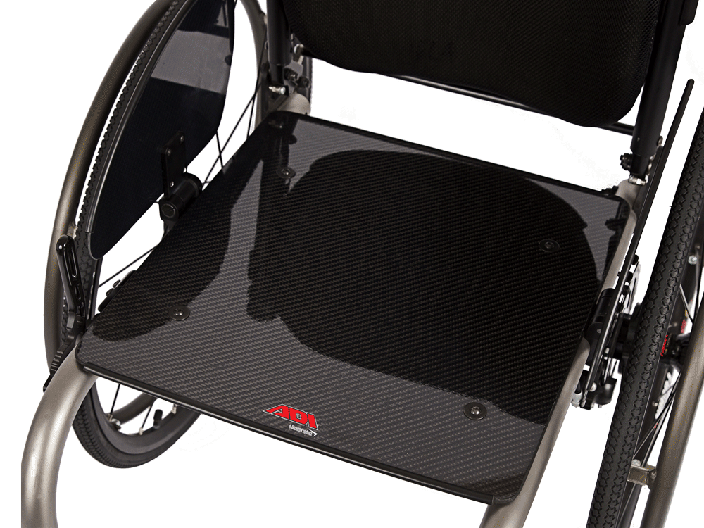 Top view of the ADI Carbon Fiber Seat Base on wheelchair - Ultra-lightweight and rigid wheelchair seat base, constructed from high-strength carbon fiber for increased stability and support.