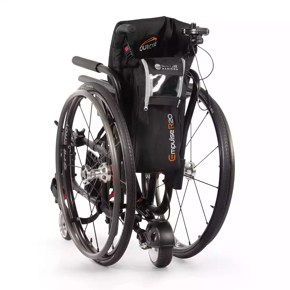 Back view of the Empulse R20 - Lightweight and portable power-assist device for folding/tilt-in-space manual wheelchairs.