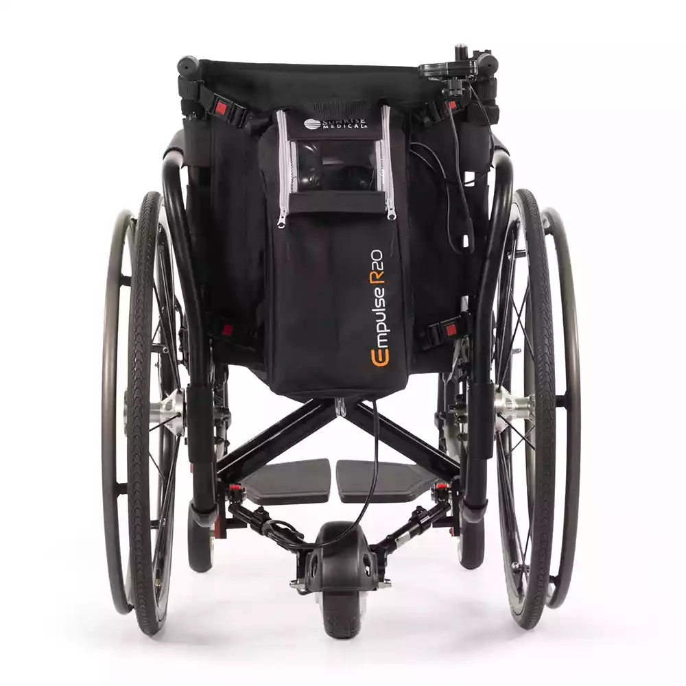 Back view of the Empulse R20 - Lightweight and portable power-assist device for folding/tilt-in-space manual wheelchairs.