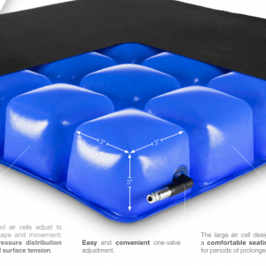 Infographic of the Axiom Air LTE Wheelchair Cushion - Lightweight, inflatable air cushion designed for pressure redistribution and comfort, featuring a breathable cover for temperature regulation.