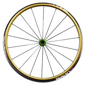 Front image of the gold Vapor X Wheel Set - Lightweight and responsive wheelchair wheels designed for speed and maneuverability, featuring a sleek aerodynamic design and high-performance tires.