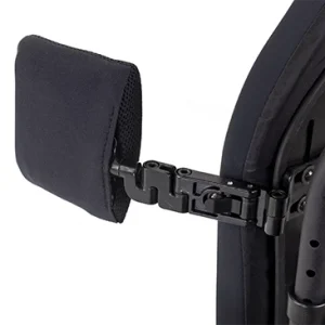 Image of the JAY Swing-Away Lateral Thoracic Support on wheelchair- Adjustable wheelchair backrest support for improved trunk stability and posture, featuring removable and repositionable pads for customized fit.