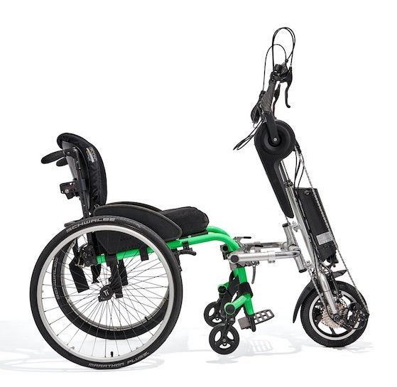 Right side view of the eDragonfly 2.0 Electric Assisted Handcycle empowering manual wheelchair users to explore farther, enjoy a more effortless ride, and experience the exhilaration of handcycling.