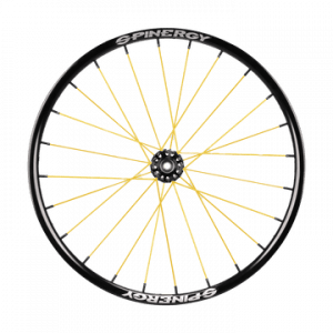 Front image of the yellow Spinergy XSL - SPOX Sport Wheelchair Wheel - Lightweight, high-performance wheelchair wheel featuring a cross-laced spoke pattern for enhanced rigidity and responsiveness.