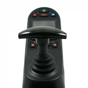 A close-up photo of a black, Permobil T-Shaped Joystick Handle. The handle has a vertical grip section and a horizontal bar that branches out in a T-shape. The grip section has a textured surface.