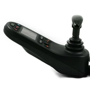 Left side view of a black, Permobil T-Shaped Joystick Handle. The handle has a vertical grip section and a horizontal bar that branches out in a T-shape. The grip section has a textured surface.