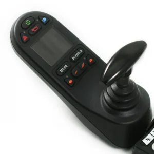 Top left view of a black, Permobil T-Shaped Joystick Handle. The handle has a vertical grip section and a horizontal bar that branches out in a T-shape. The grip section has a textured surface.