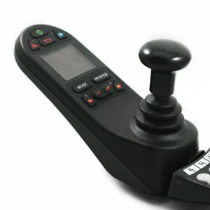 A close-up photo of a black, spherical Permobil Large Ball Joystick Handle made of a smooth, rubbery material.
