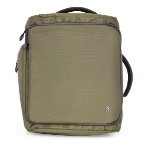 Front view of the green Kinetic Balance Backrest Commuter Backpack - Securely attaches to the backrest of a wheelchair, offering comfortable carrying and organized storage for everyday essentials during commutes or outings.