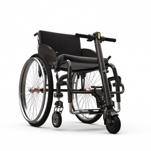 Front image of the UNAwheel Mini attached to wheelchair - The Lightest Wheelchair Power Assist for Effortless Mobility.