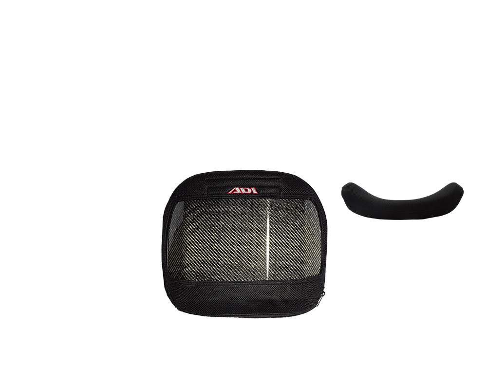 Front view of ADI Carbon Fiber Series Backs. A sleek, black wheelchair back support made from carbon fiber. The backrest has a breathable mesh back panel and a supportive foam core, and comes in various heights. Designed for active individuals.