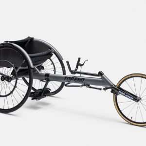 Right side view of the Top End Eliminator OSR Racing Wheelchair - I Cage - Manual racing wheelchair designed for speed and stability with an open frame for easier entry and exit.