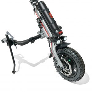 Front right closeup image of the silver unattached Rio Firefly 2.5 - Electric Power Assist for Manual Wheelchairs.