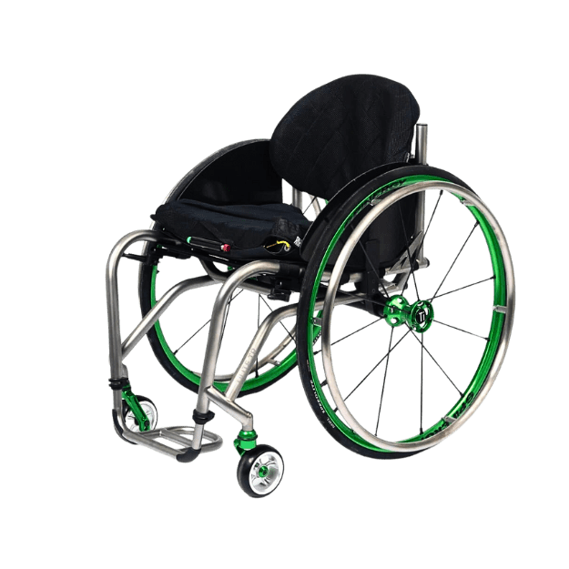 Front left view of the versatile green Custom Rigid Apex Wheelchair.