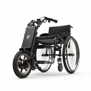 Front left view of the UNAwheel Maxi wheelchair power add on.