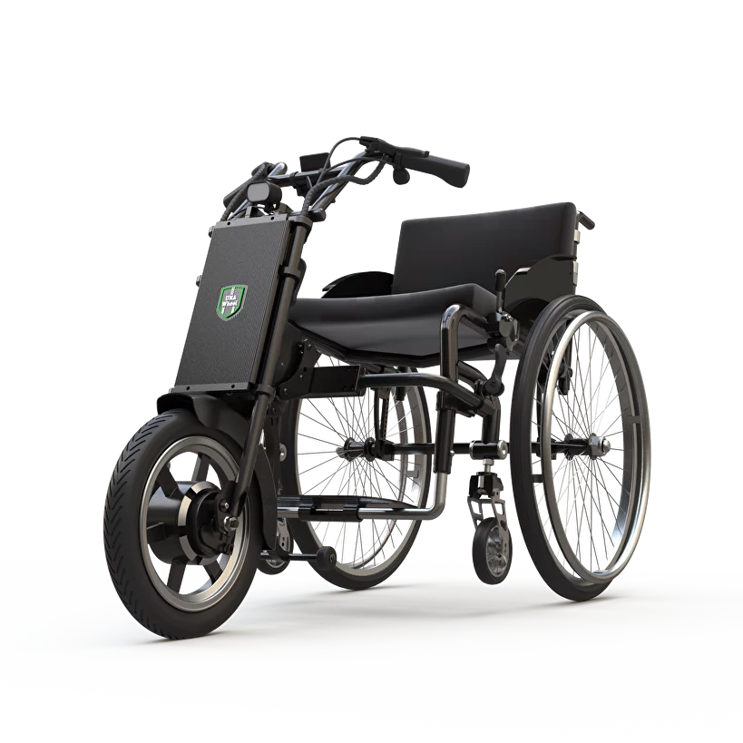 Front left view of the UNAwheel Maxi wheelchair power add on.