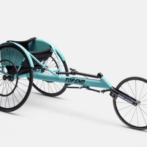 Right side view of the teal Top End Eliminator OSR Racing Wheelchair Open V Cage.