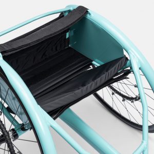Top close-up view of the teal Eliminator OSR Racing Wheelchair Open V Cage's comfortable seating and cushion position.