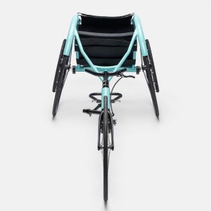 Front view of the teal Top End Eliminator OSR Racing Wheelchair Open V Cage.