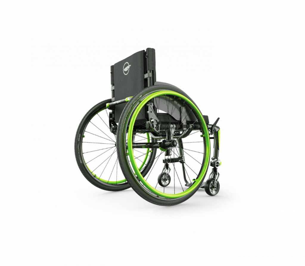 Back right view of the versatile acid green Custom Rigid Apex Wheelchair.