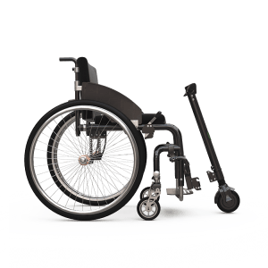 Right side image of the UNAwheel Mini attached to wheelchair - The Lightest Wheelchair Power Assist for Effortless Mobility.