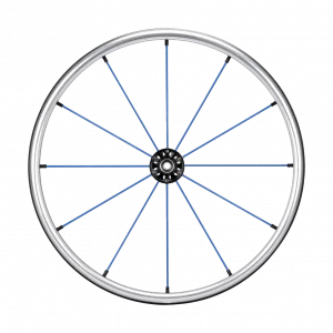 Front view of the blue Spinergy LX Flexrim Wheelchair Wheel - Lightweight, customizable wheelchair wheel with a urethane pushrim for easier propulsion and a flex design for navigating tight spaces.