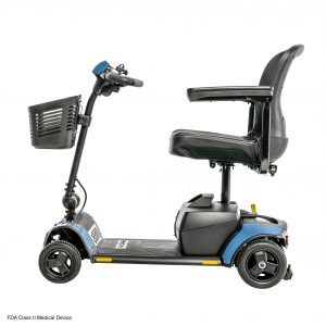 Left side view of the blue Go-Go Elite Traveller 2 - Four-wheel mobility scooter with a user-friendly control panel, tight turning radius, and a comfortable swivel seat with removable colored panels