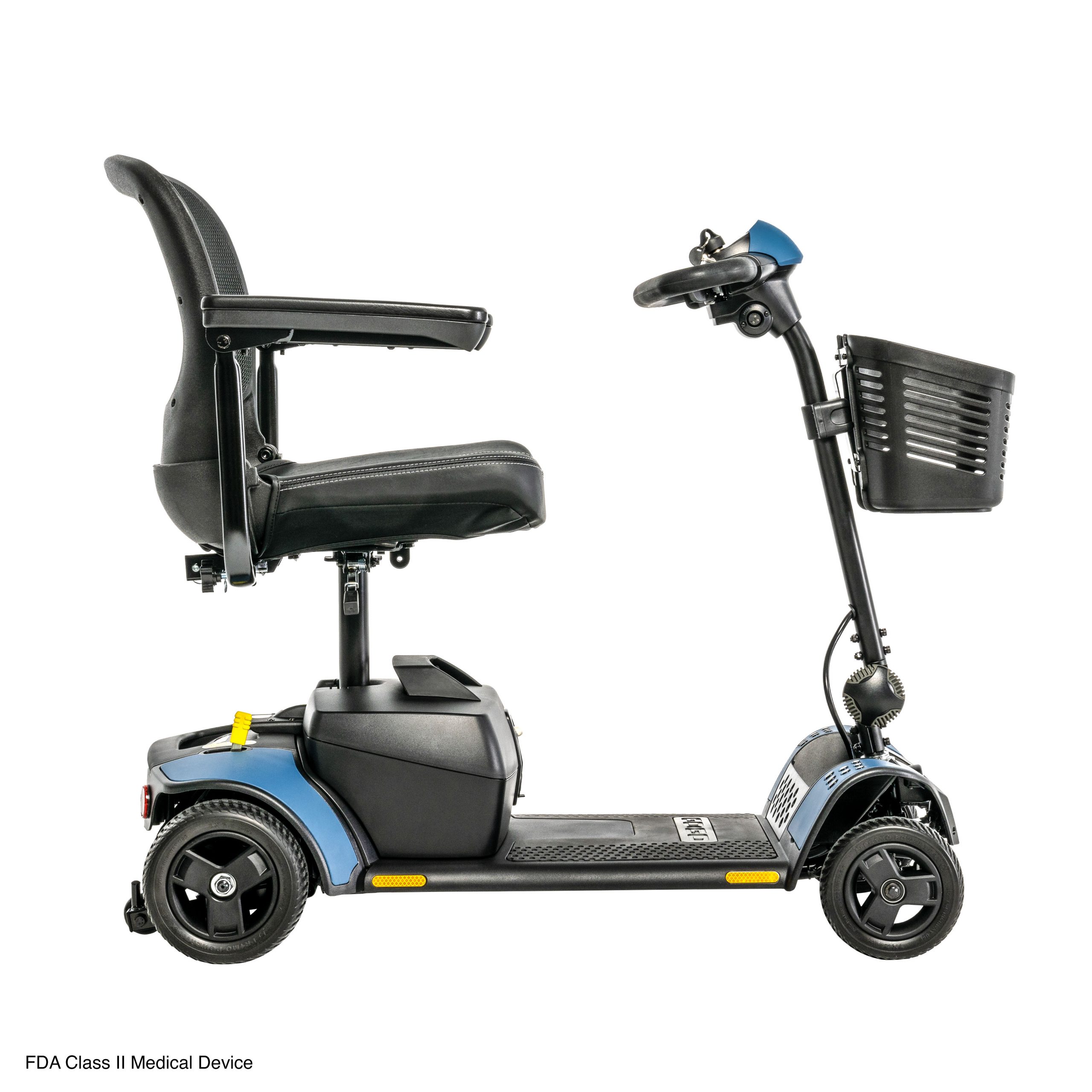 Right side view of the blue Go-Go Elite Traveller 2 - Four-wheel mobility scooter with a user-friendly control panel, tight turning radius, and a comfortable swivel seat with removable colored panels