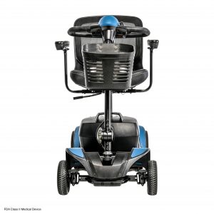 Frontal view of the blue Go-Go Elite Traveller 2 - Four-wheel mobility scooter with a user-friendly control panel, tight turning radius, and a comfortable swivel seat with removable colored panels