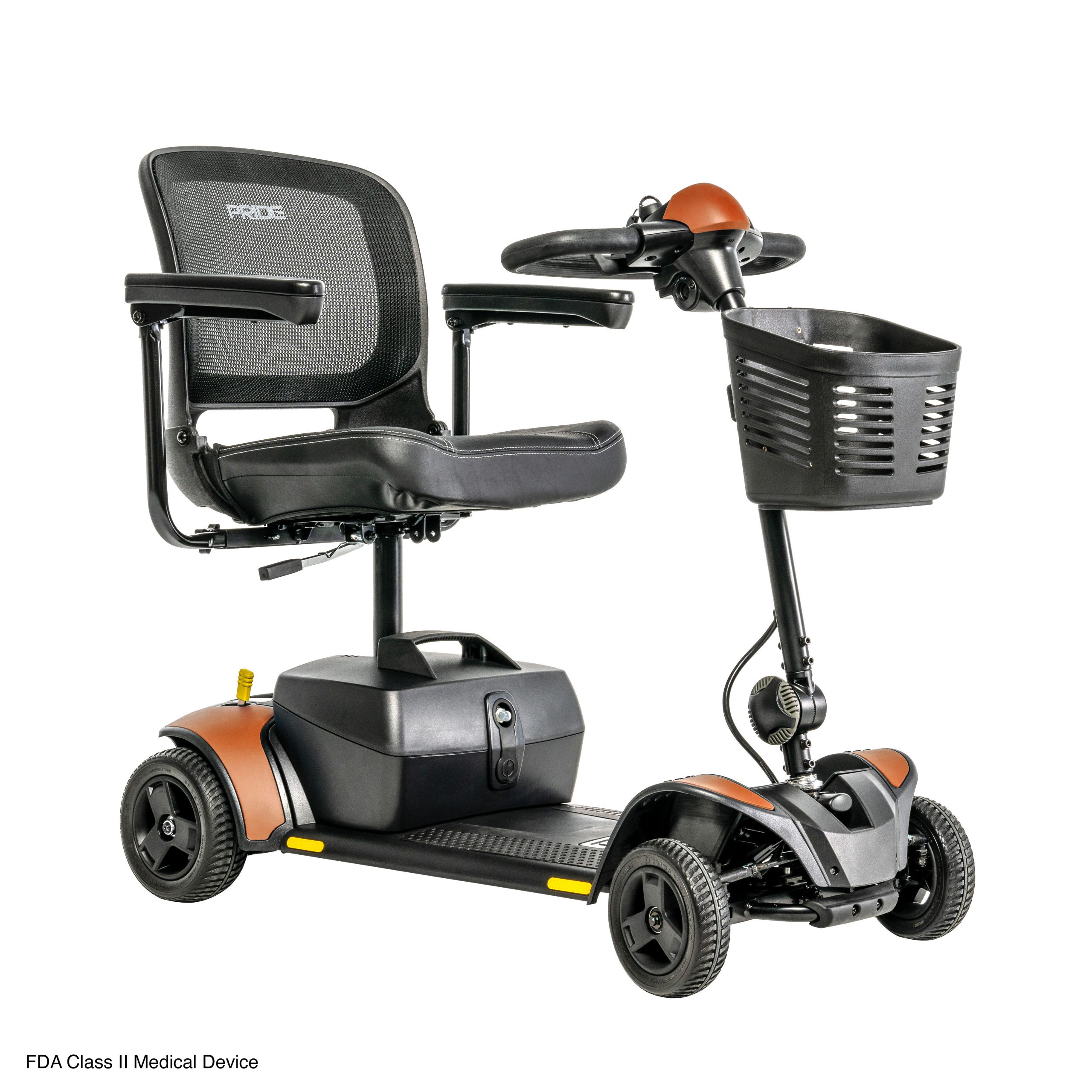 Front right side view of the Tangerine Go-Go Elite Traveller 2 - Four-wheel mobility scooter with a user-friendly control panel, tight turning radius, and a comfortable swivel seat with removable colored panels