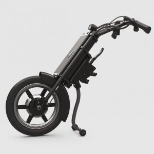 Left side view of the black UNAwheel Maxi wheelchair power add on.