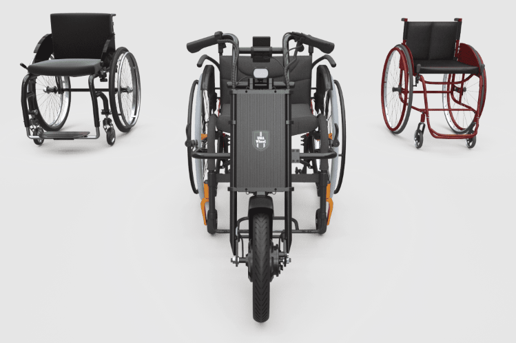 Front view of the UNAwheel Maxi wheelchair power add on.