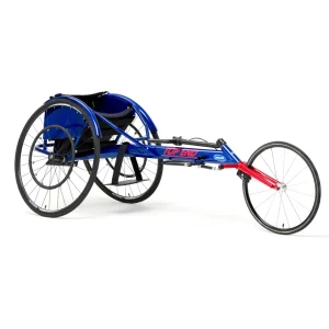 Right side view of the blue Top End Eliminator OSR Racing Wheelchair Open V Cage.