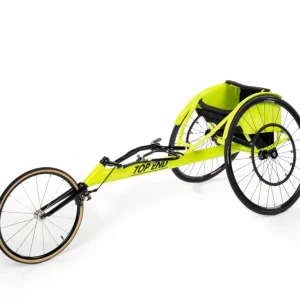 Left side view of the yellow Top End OSR Racing Wheelchair Open V Cage.