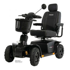 Front left view of the high-performance black Pride Mobility Pursuit Scooter.