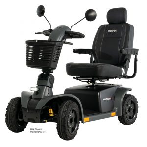 Front left view of the high-performance gray Pride Mobility Pursuit Scooter.