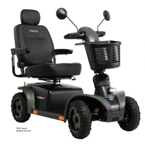 Front right view of the high-performance gray Pride Mobility Pursuit Scooter.