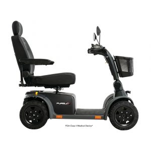 Right side view of the high-performance gray Pride Mobility Pursuit Scooter.