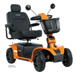 Front right side view of the high-performance orange Pride Mobility Pursuit Scooter.