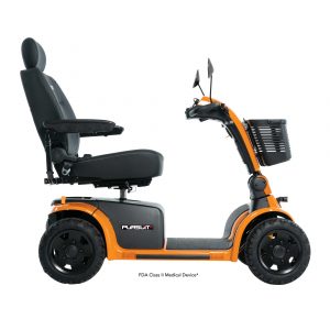 Right side view of the high-performance orange Pride Mobility Pursuit Scooter.