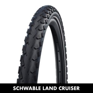 Close up of the Schwable Land Cruiser CST Dino Jet Wheelchair Wheel - High-Performance All-Terrain Wheels for Off-Road Adventures.