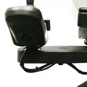 Front image of a joystick that can be pivoted or retracted sideways for better access to tables, transfers, or entering/exiting the wheelchair.