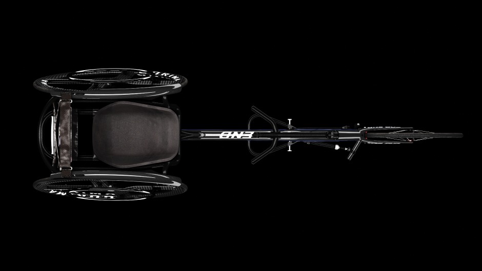 Top view of the black revolutionary Top End NRG Full Carbon Racing Chair.