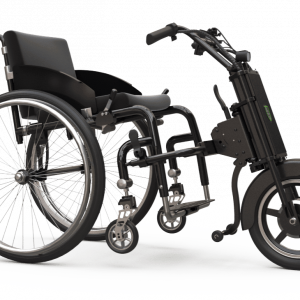 Side image of the Unawheel Maxi Wheelchair Attachment - Attaches to the front of a wheelchair, providing a motorized wheel for increased mobility and assistance.