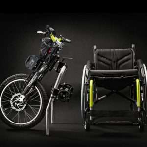 Side view of the Praschberger Vario Drive - Innovative wheelchair drive system featuring a lever-based propulsion mechanism for increased control and efficiency.