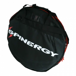 Front image of the Spinergy Wheel bag. A black, padded Spinergy wheel bag with a removable shoulder strap and carrying handles.