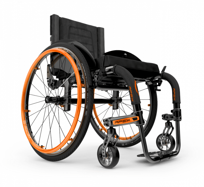 Front right view of the versatile orange Custom Rigid Apex Wheelchair.
