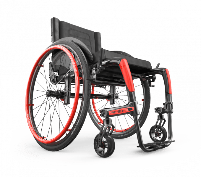 Front right view of the versatile red Custom Rigid Apex Wheelchair.