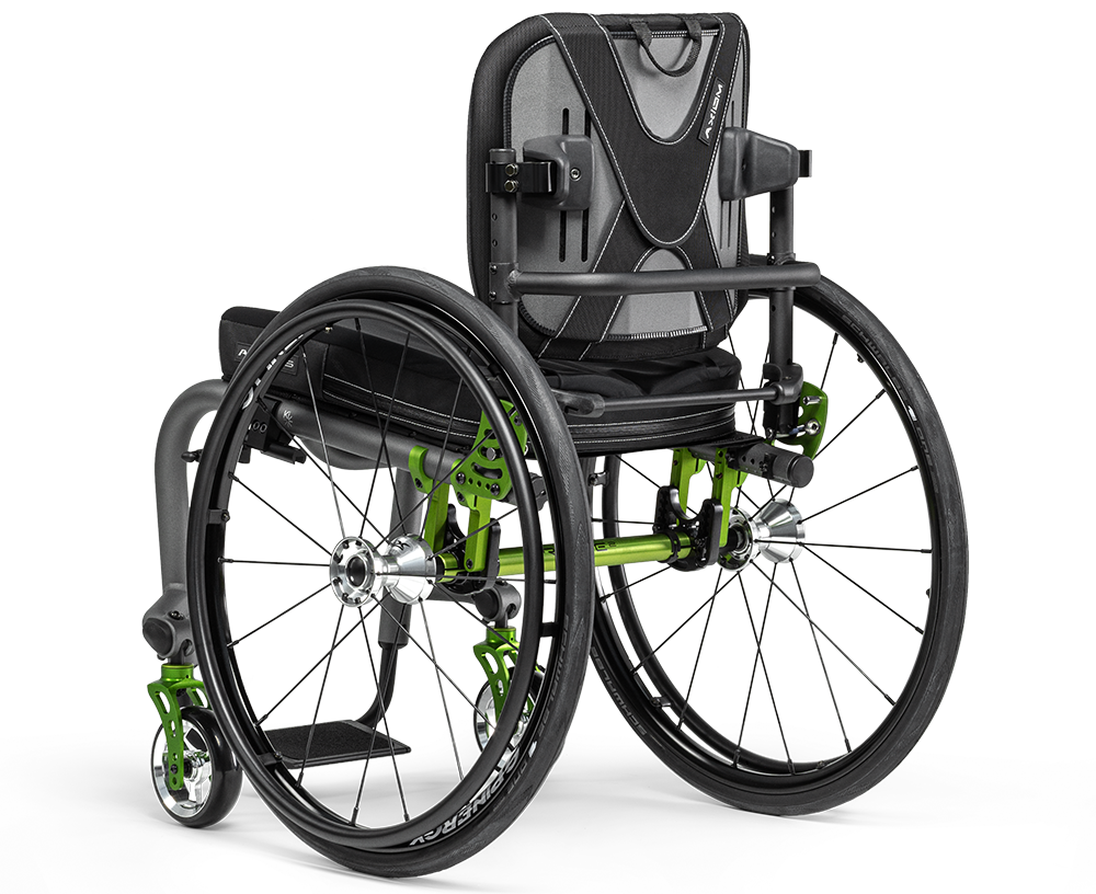 Back view of the Axiom Wheelchair Backrest on wheelchair - Customizable wheelchair backrest offering adjustable height, width, and angle for optimal support and comfort.